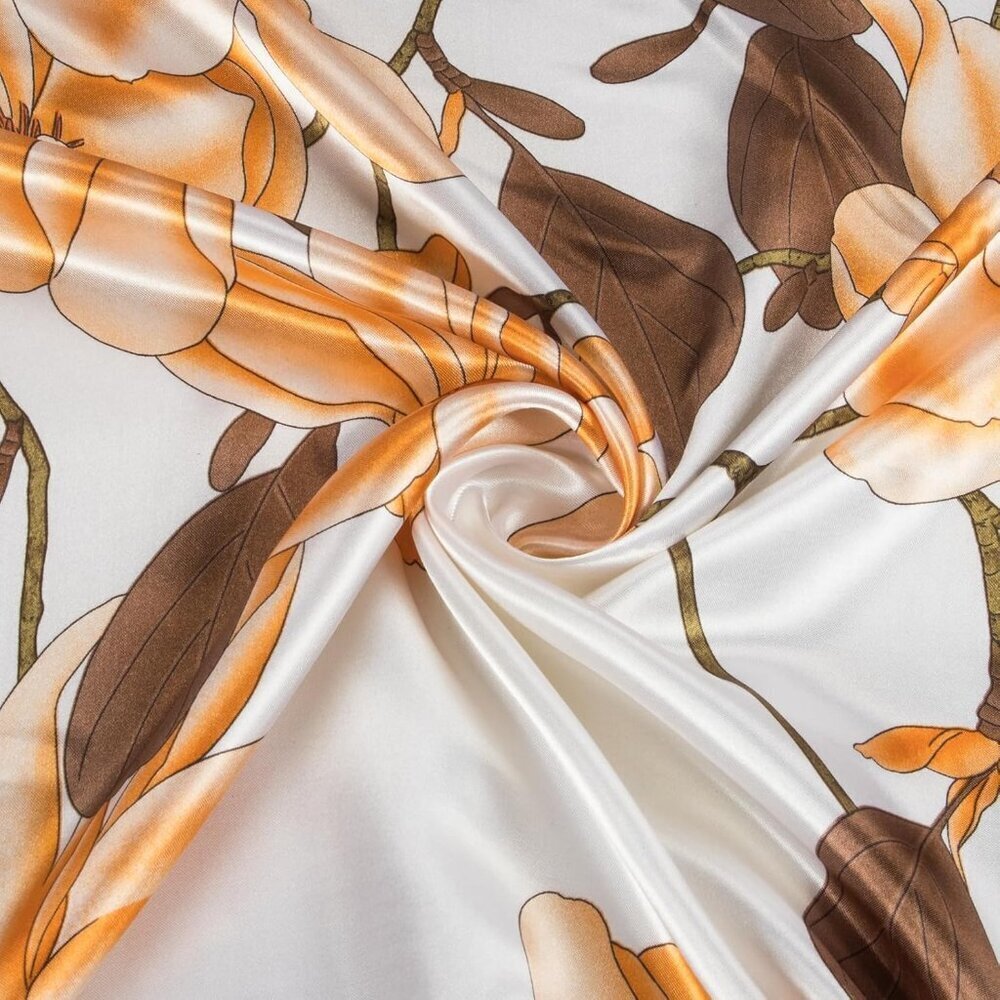 Women's Orange/Brown Head Scarf Like Silk Printed Square Hair Bandanas 35 Inches - Picture 6 of 7
